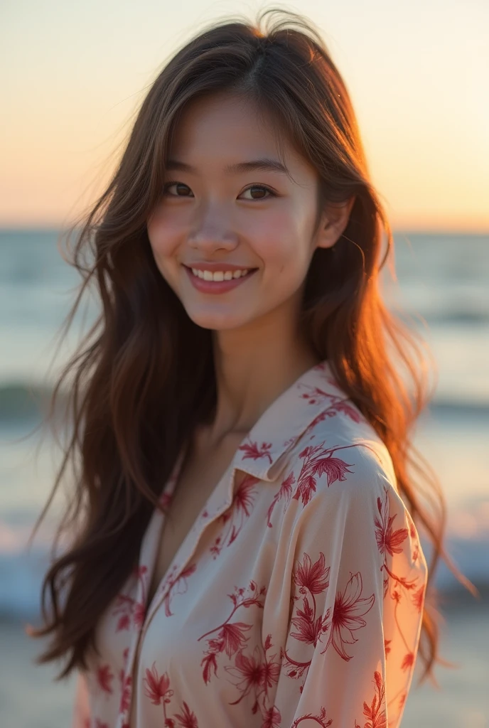 Beautiful one、Detailed eyes、、Highest quality, 超High resolution, (Reality: 1.4), Super Beauty、Beautiful Skin、Slender、Body facing forward、(Surreal)、(High resolution)、(8k)、(Beautiful and detailed eyes)、Detailed face、Bright lighting、Face Focus、Look straight ahead、(The costume is a damask shirt dress.)、Long Hair, Evening scenery、Brown Hair、Japan is an idol、、Age 20、 smile, Seascape