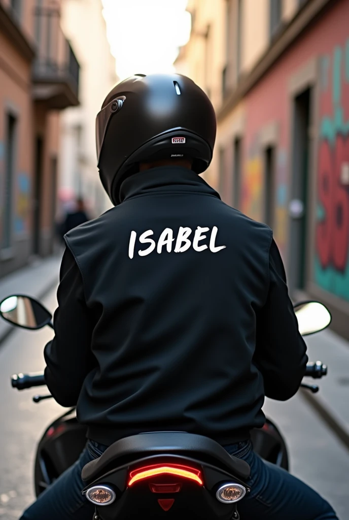 Someone with a black AGV helmet and a sweatshirt on the back that says Isabel sitting on a Yamaha MT 09