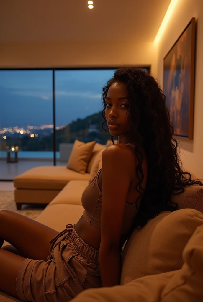 african girl, 19 ans, long black hair, sitting in a large luxury modern living room, tan furniture, dark lighting, night, panoramic view of italy out of the window, wearing gucci
