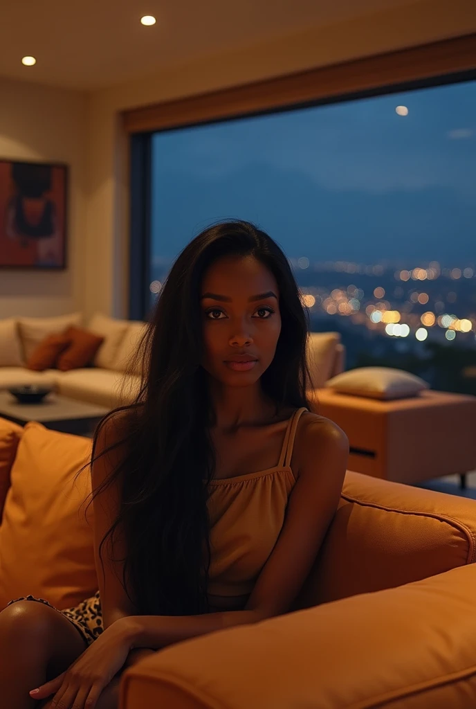 african girl, 19 ans, long black hair, sitting in a large luxury modern living room, tan furniture, dark lighting, night, panoramic view of italy out of the window, wearing pacsun