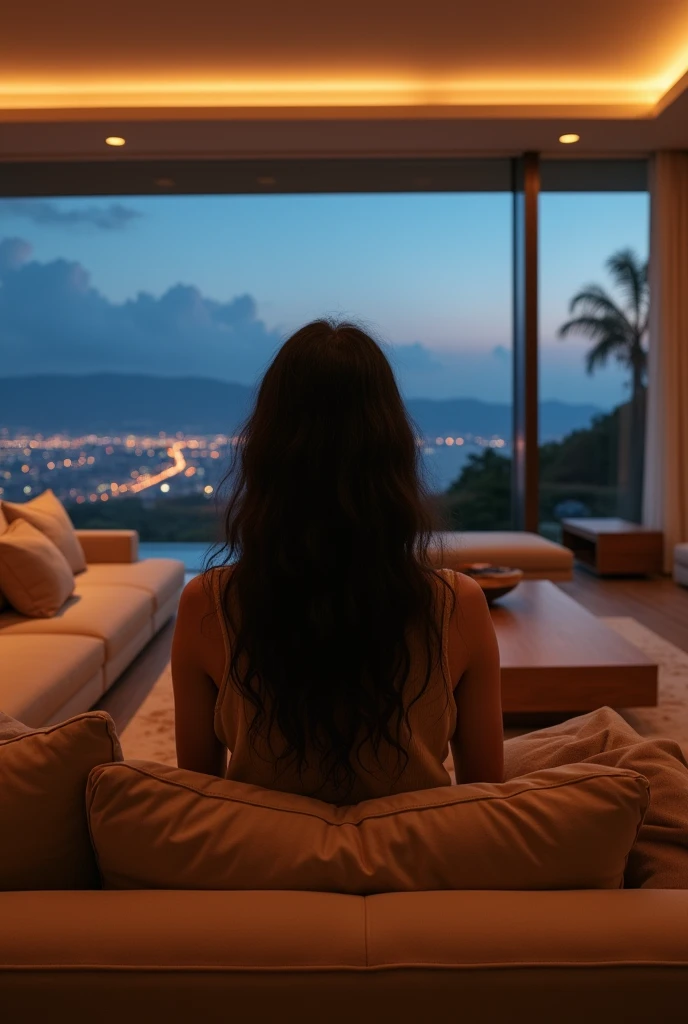 african girl, 19 ans, long black hair, sitting in a large luxury modern living room, tan furniture, dark lighting, night, panoramic view of italy out of the window, naked
