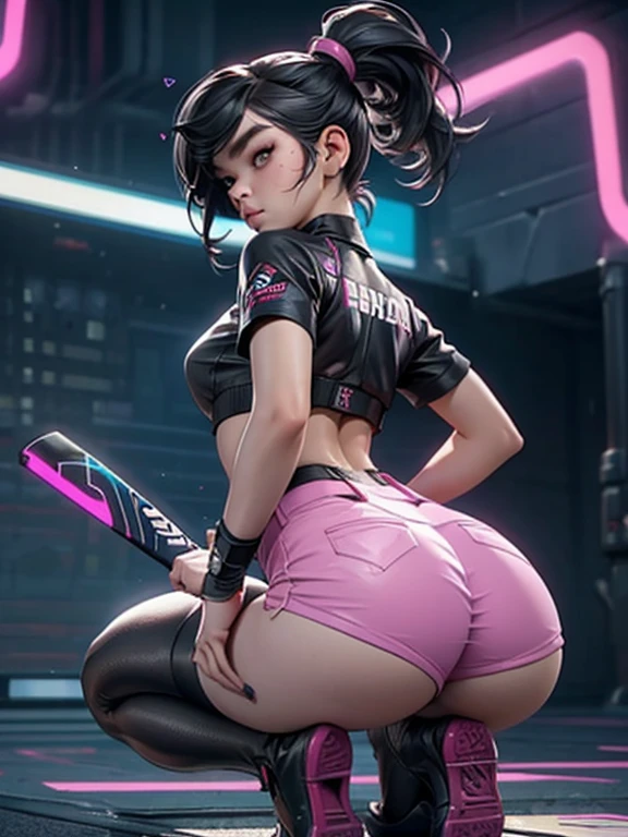 masterpiece，best qualtiy，8k wallpaper，The is very detailed，illustratio，（perfect bodies：1.1）, 1个Small Breast Girl, Hailee Steinfeld, black ponytail hairstyle, cute face, dual horsetail，wearing hat，wearing mini hot pants, beautiful detailed eyes, beautiful detailed lips, slim body, cute bum, showing her butt crack, bending over on her hands and knees, showing her heart shape ass, Cyberpunk-inspired short outfits, Baseball bat, Turn Back, cyberpunk city