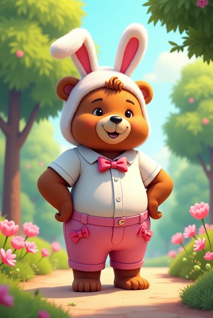 Handsome filipino bear man in a white bow shirt design, bow design pink pants, and a fluffy bunny hat