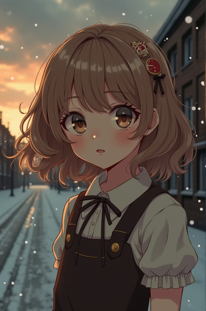 An old anime style girl. The girl is wearing Soviet clothes and an ushanka hat.. He has light brown hair, Medium Short, with bangs and also wavy. He has big brown eyes.. He also has white skin