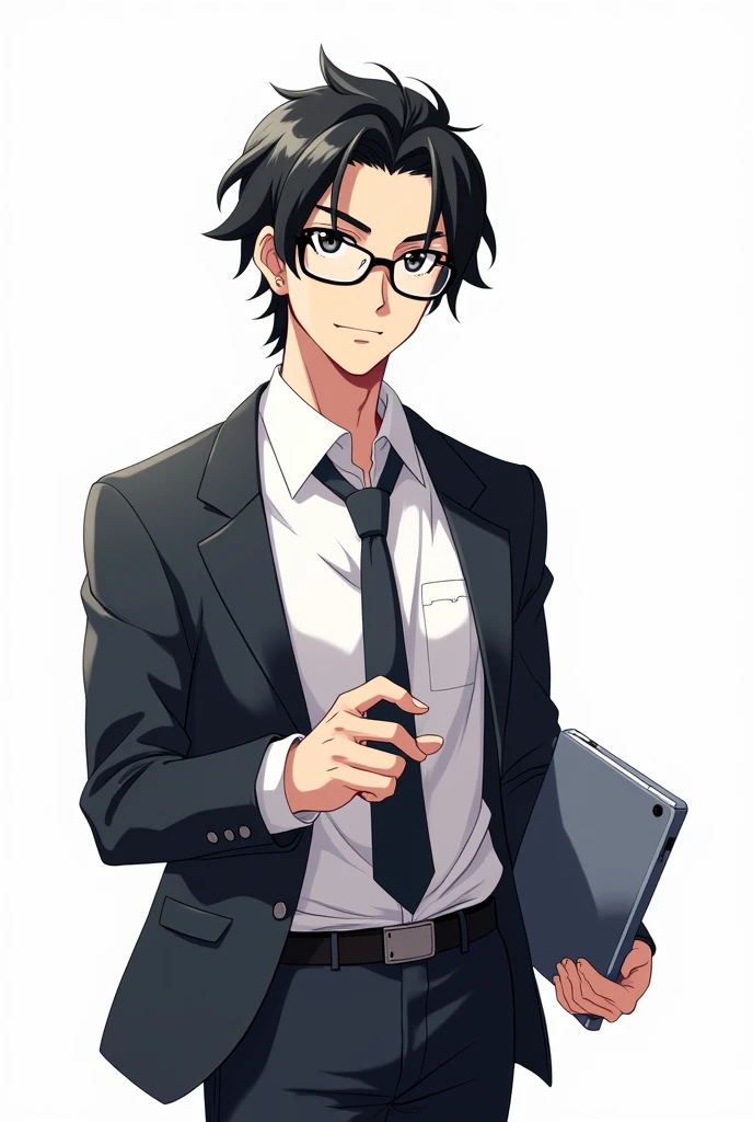 Black hair male teacher, wearing glasses, wearing a white shirt and a tie, wearing a jacket, holding an iPad, anime image, white background