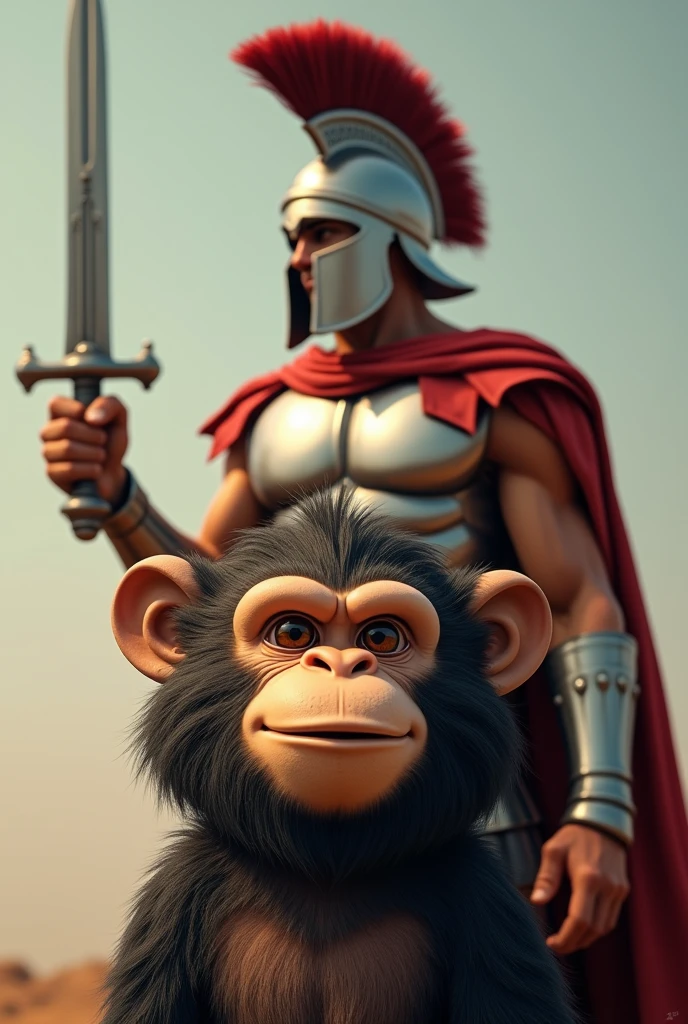 The image must be of a large, humanized monkey. (rational) that needs to be standing, he needs to be looking at the screen, as if he were the owner of the YouTube channel. Right behind him I need a Spartan warrior thirsty for victory with a serious and ambitious look raising his sword with great pride., the Spartan needs to be looking to the left and in a heroic position, do this in a nice style and adapted for a YouTube thumbnail and in 16 format:9, use simple and minimalist colors. I need 2 individuals from the image, a monkey and a spartan, but the monkey needs to overcome the Spartan, but not necessarily be in front of it.

A highly detailed, manga-style illustration with intense shadows and contrast. The scene features a close-up of a character with expressive facial features, wearing glasses with light reflecting on the lenses. The background is a detailed, dystopian urban setting. The overall mood is dark and introspective, with a dramatic focus on the character's eyes and expression. The artwork should have a hand-drawn quality, reminiscent of classic manga or anime, with intricate line work and strong contrasts between light and shadow."
