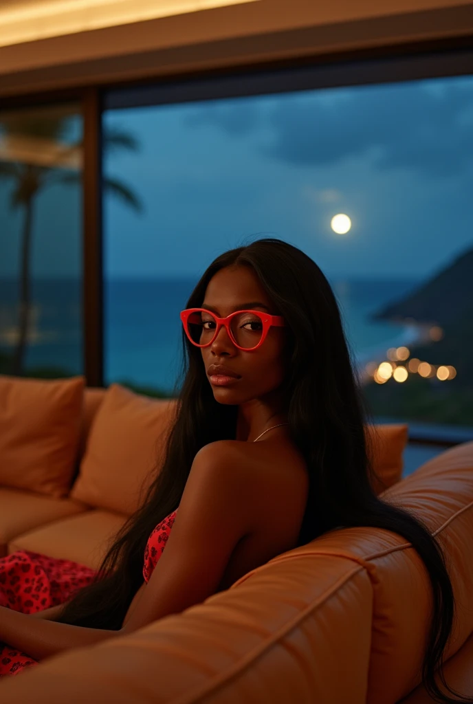 african girl, 19 ans, long black hair, red glasses, sitting in a large luxury modern living room, tan furniture, dark lighting, night, panoramic view of Hawaii out of the window, wearing acne studio