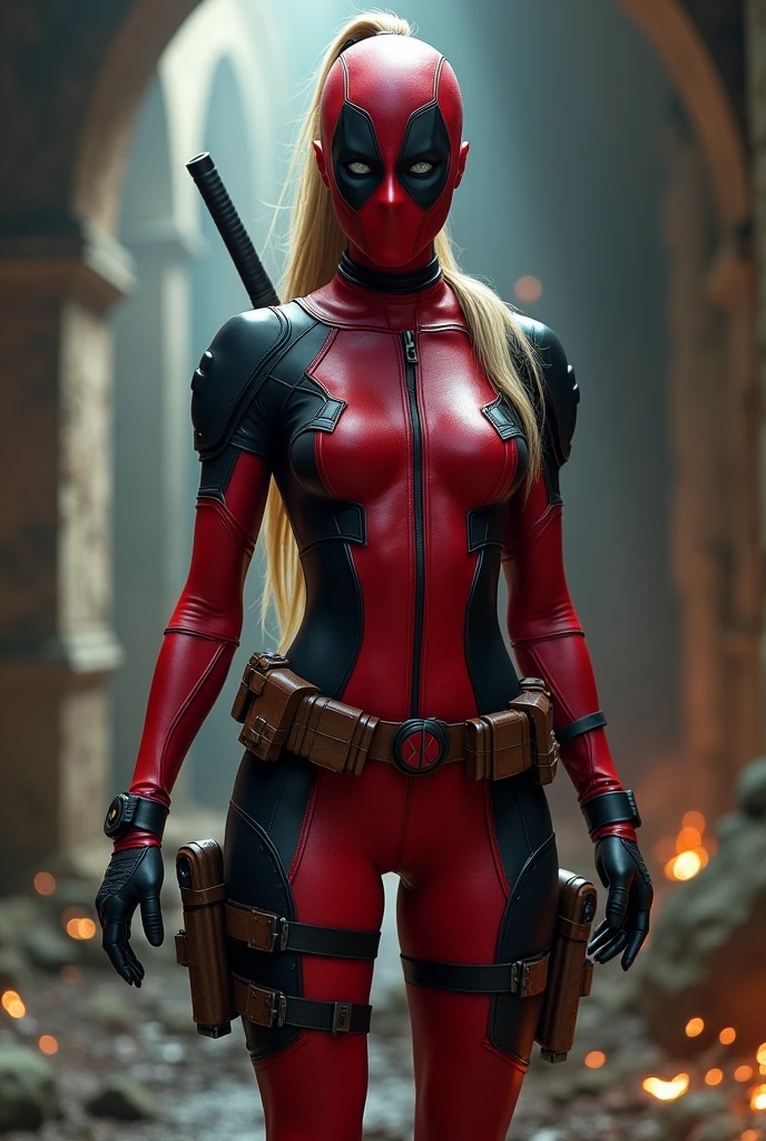masterpiece, best quality, highres, contrapposto,BodySuit_lady_deadpool_ownwaifu,
1girl, mask, blonde hair, ponytail, long hair, large breasts, no pupils, 
bodysuit, skin tight, superhero, belt pouch, utility belt, (red bodysuit cyborg plastic :1.4) , gloves, weapon on back, thigh pouch, thigh strap, thigh holster, belt buckle, turtleneck, light particles, depth_of_field, scenery, night, closeup, solo,Epic Fantasy Art Style HD, 4K fantasy art, epic fantasy digital art style, epic fantasy art style, Fantasy Woman, epic fantasy art portrait, Epic fantasy style, hyperrealistic fantasy art, hd fantasy art, Epic fantasy character art, epic fantasy art, in style of dark fantasy art, epic fantasy digital art, ,(Fondo de ruinas de mazmorra en ruinas:1.4 ), (iluminación cinematográfica :1.4), (pose vaquero), (Lady Deadpool:1.4), (Lady Deadpool:V2.1), high quality, (RAW photo, best quality), (realistic, photorealistic: 1.4), (extremely delicate and beautiful: 1.4), amazing, fine details, masterpiece, ultra detailed, high resolution, best illustration, best shadow, intricate, ( extremely intricate: 1.2), (exquisitely detailed skin), cinematic light, perfect anatomy, (cool color: 1.4), sharp focus, 8k UHD, DSLR, (Fujifilm XT3),(cyborg plastic transparent :1.4) 