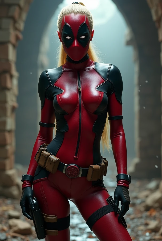 masterpiece, best quality, highres, contrapposto,BodySuit_lady_deadpool_ownwaifu,
1girl, mask, blonde hair, ponytail, long hair, large breasts, no pupils,
bodysuit, skin tight, superhero, belt pouch, utility belt, (red bodysuit cyborg plastic :1.4) , gloves, weapon on back, thigh pouch, thigh strap, thigh holster, belt buckle, turtleneck, light particles, depth_of_field, scenery, night, closeup, solo,Epic Fantasy Art Style HD, 4K fantasy art, epic fantasy digital art style, epic fantasy art style, Fantasy Woman, epic fantasy art portrait, Epic fantasy style, hyperrealistic fantasy art, hd fantasy art, Epic fantasy character art, epic fantasy art, in style of dark fantasy art, epic fantasy digital art, ,(Fondo de ruinas de mazmorra en ruinas:1.4 ), (iluminación cinematográfica :1.4), (pose vaquero), (Lady Deadpool:1.4), (Lady Deadpool:V2.1), high quality, (RAW photo, best quality), (realistic, photorealistic: 1.4), (extremely delicate and beautiful: 1.4), amazing, fine details, masterpiece, ultra detailed, high resolution, best illustration, best shadow, intricate, ( extremely intricate: 1.2), (exquisitely detailed skin), cinematic light, perfect anatomy, (cool color: 1.4), sharp focus, 8k UHD, DSLR, (Fujifilm XT3),(cyborg plastic transparent :1.4)