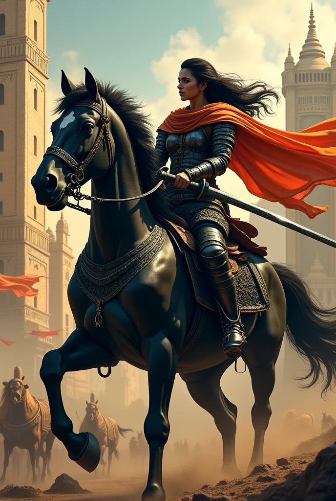 A female warrior riding large Black horse and kept her enemies captive in the palace , and she was kill , she hand a big katana and india flag