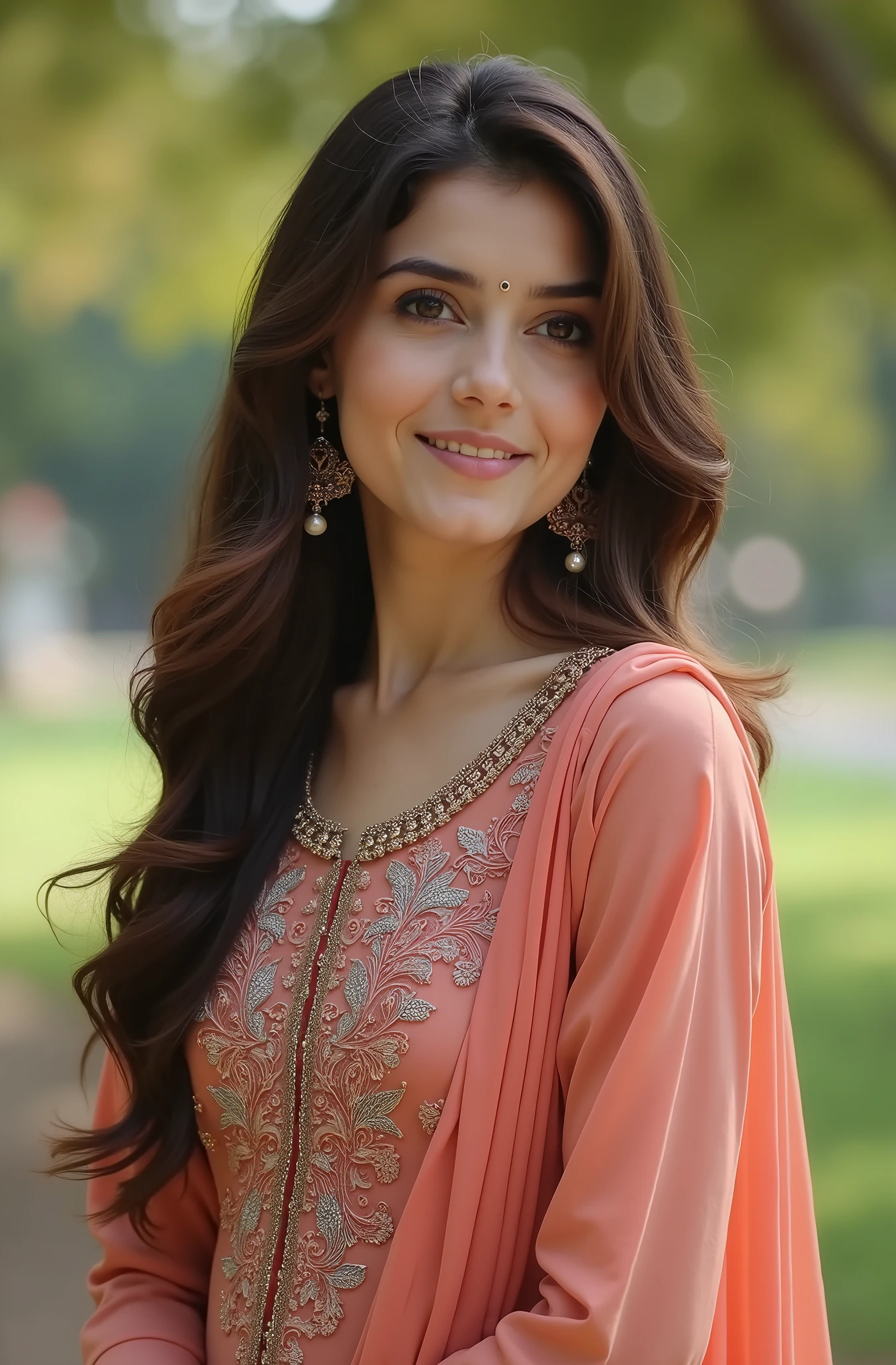 Beautiful Pakistani 20 year old girl brown hair black eyes cute glowing face tight shalwar kameez full body in park background blur 