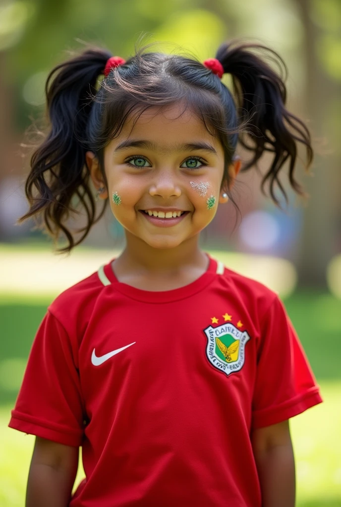 A beautiful girl with wavy black hair and pigtails,with heterochromia in the eyes and with vitiligo,with a scar on her left eye wearing a Flamengo shirt and she is 6  