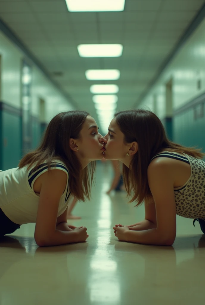 (photorealism:1.2), highschool hallway, women ((/midtes)) crawl on all fours wearing tight uniforms and microskirts. Their eyes are open and gaze aimlessly . Tiny beads of sweat trickle down their bodies. Some press their mouths together. Some in a dreamlike euphoria sit on another girl's mouth.