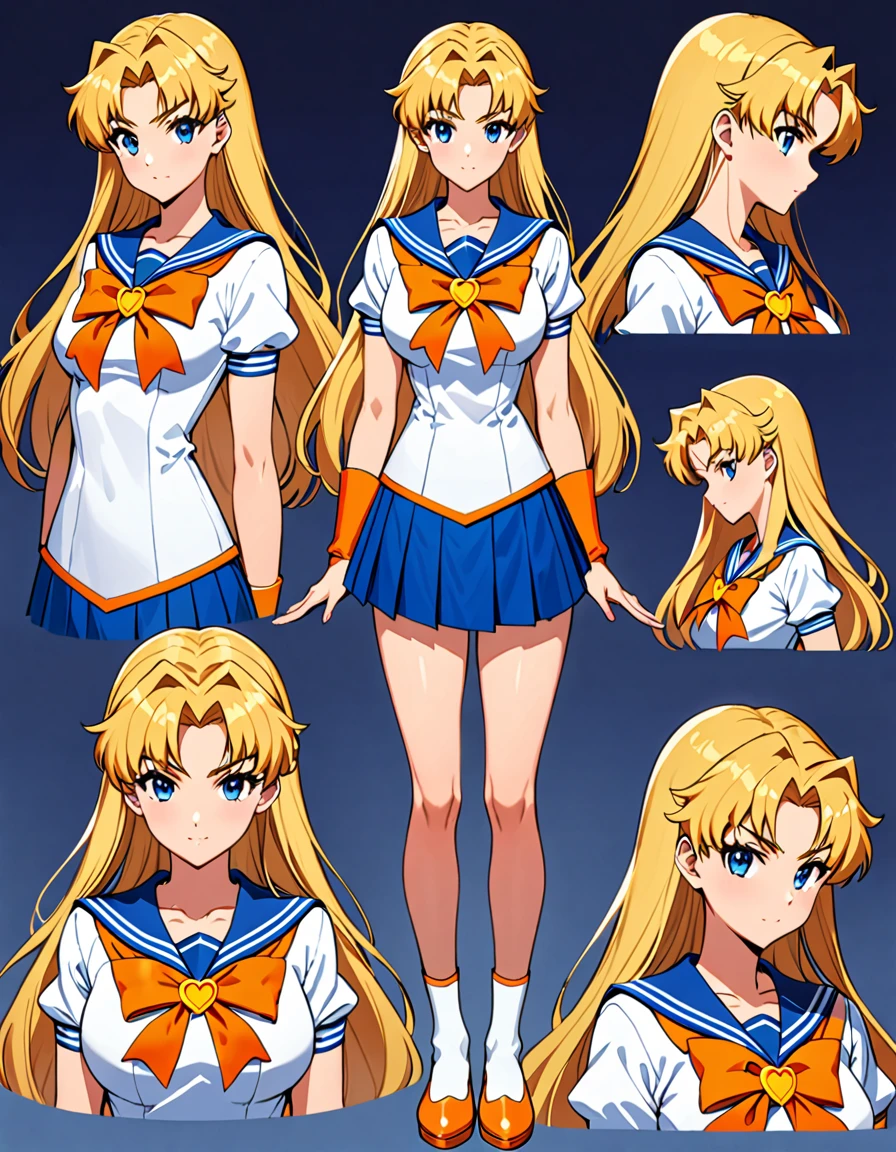 (masterpiece), (best quality), (high res), sailor Venus, tall body, beautiful detailed eyes, beautiful detailed face, serious, perfect hands, complete fingers, perfect anatomy, perfect proportions, ((blonde hair, long hair, hair down)), ((blue eyes)), (( sailor Venus outfit)), breasts, medium breasts, looking at viewer, (solo, solo focus), standing,, ((yellow V (symbol) on chest)), full body costume design. Simple background, Multiple Views, Character Sheet Full-Length.