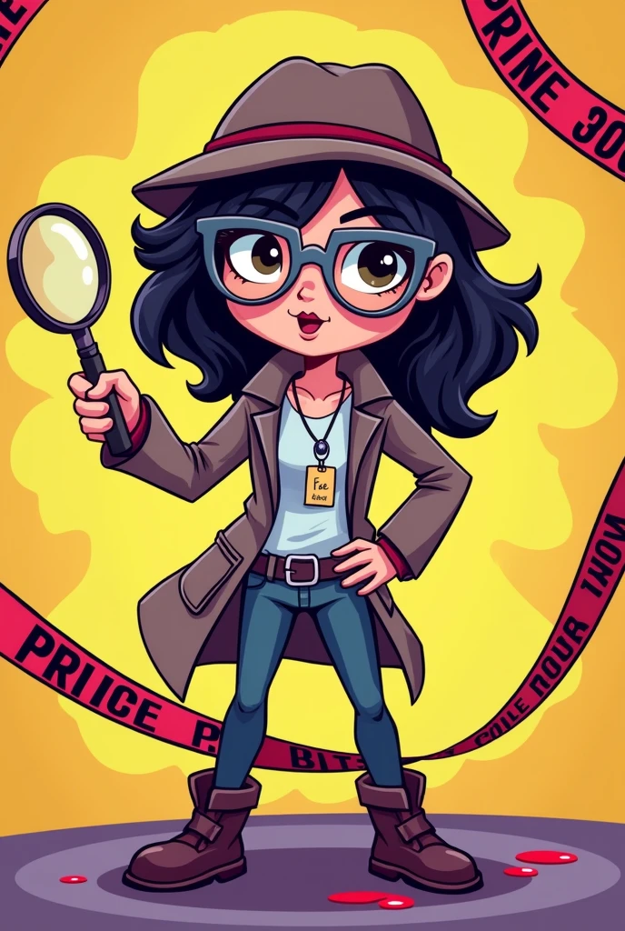 Women detective, has dark hair, use grey glasses, cool skintone, yellow and purple background colour, police tape, has magnifying glass and blood and Fae nametag. Cartoon and cute theme