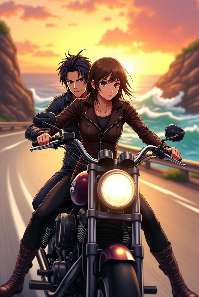 An anime man with black hair and dark maroon Eyes and he is sitting on the back seat of the bike an anime woman with long middle brunette hair and dark brown eyes  and she is driving the bike and they are wearing biker Boyz outfit and the woman is sitting on the front 
