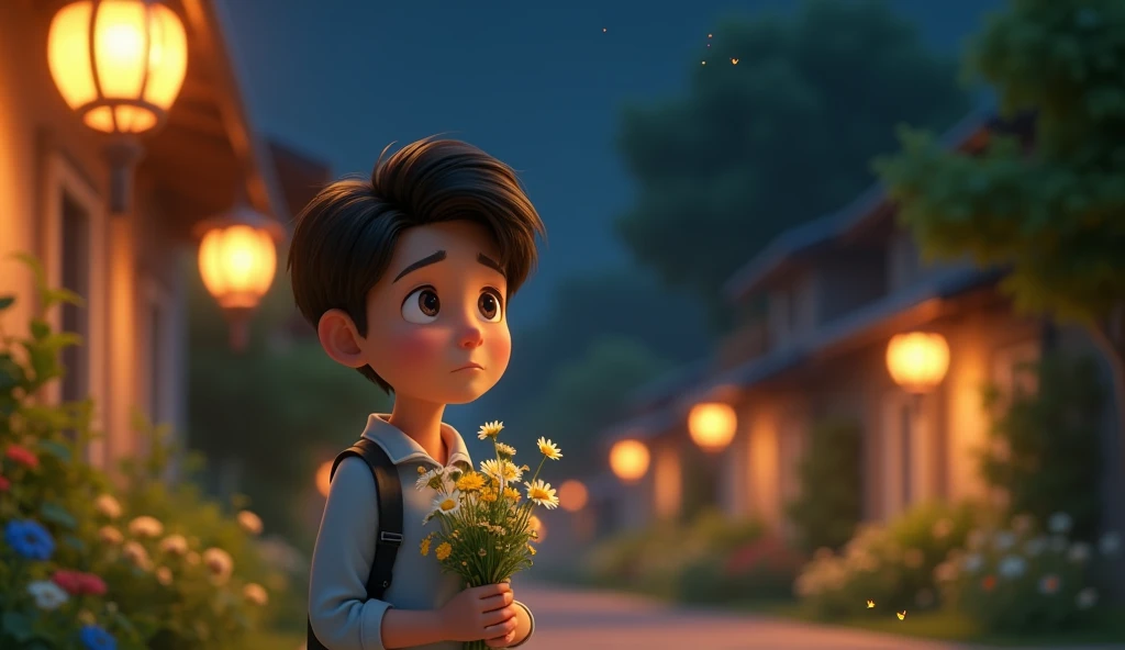 3D animation style.'[Ink dust] Under the street lights on a summer night，Holding a small bouquet of wild flowers。He stood in front of Su Yao&#39;s house，A little nervous on the face，But the eyes are full of love。"