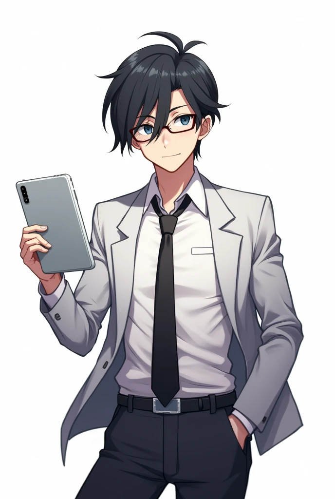 Black hair male teacher, wearing glasses, wearing a white shirt and a tie, wearing a jacket, holding an iPad, anime image, white background