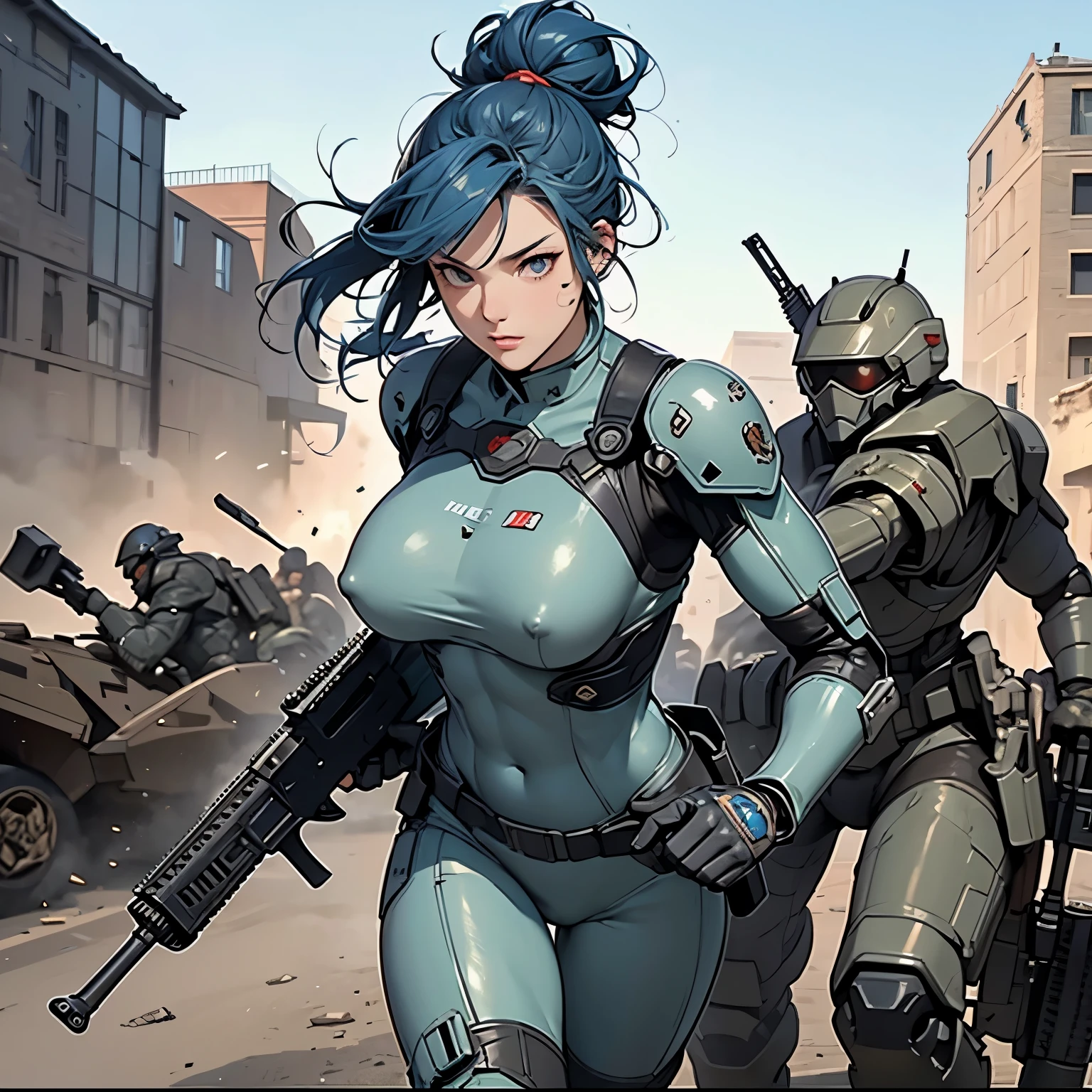 nsfw, anime screencap, 16K, perfect anatomy proportion body, perfect hands, action, A dynamic composition with a sense of speed and movement, (Hold an assault rifle:1.6), a wife, 40age, perfect beautiful delicate sexy face, perfect beautiful delicate drooping eyes, blue hair, hair bun, large breasts, abs, Camouflage-colored heavy armored steam engine full armor powered suit, Many heavily armored robot soldiers are engaged in a firefight in the background., Flying bullets, Ruined ancient city, war, Post-apocalyptic,