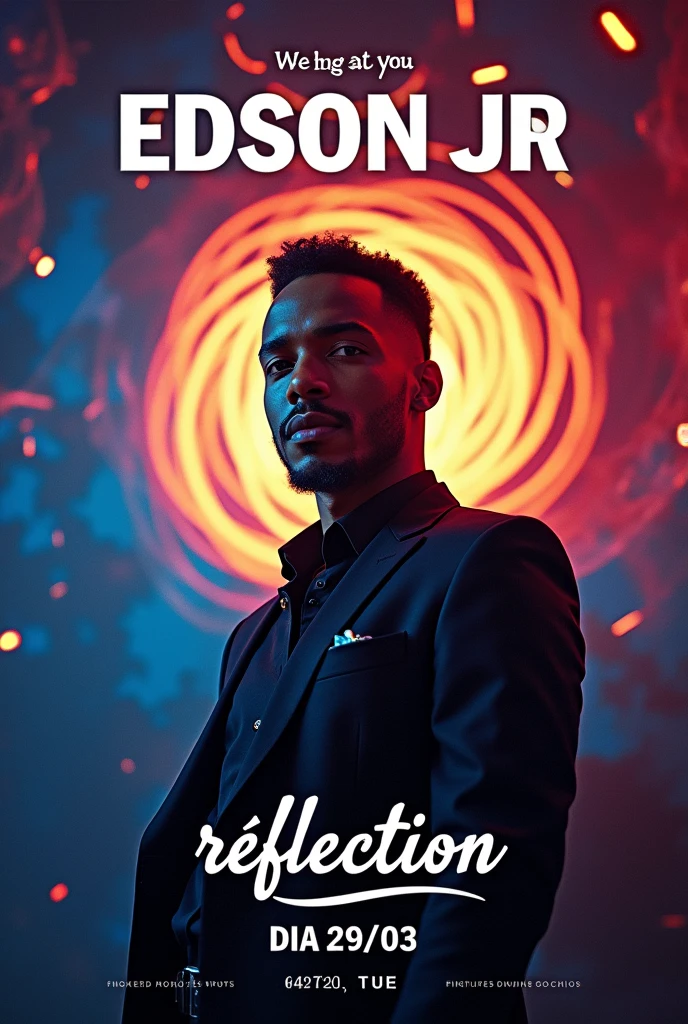 Create a photo to promote a show with the following texts:
"Edson Jr." - featured
"presents" - smaller font
"reflection"- nome do show
"Day 29/03" data do show
"19:00" schedule Write in Portuguese exactly as it is