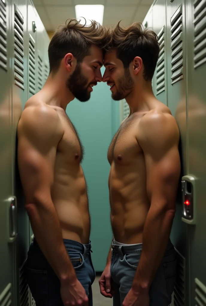 2 hairy male classmates having sex in school locker rooms. Both nude full body