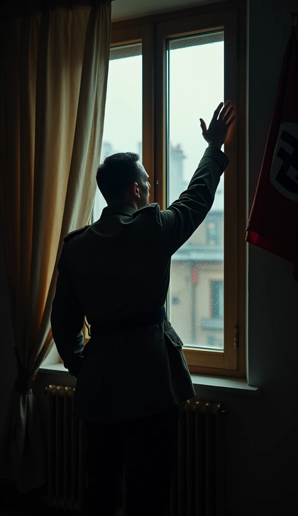 Make me a picture of a Nazi soldier with hair, closing a window in his apartment, that is a little dark