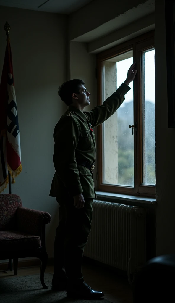 Make me a picture of a Nazi soldier with hair, closing a window in his apartment, that is a little dark