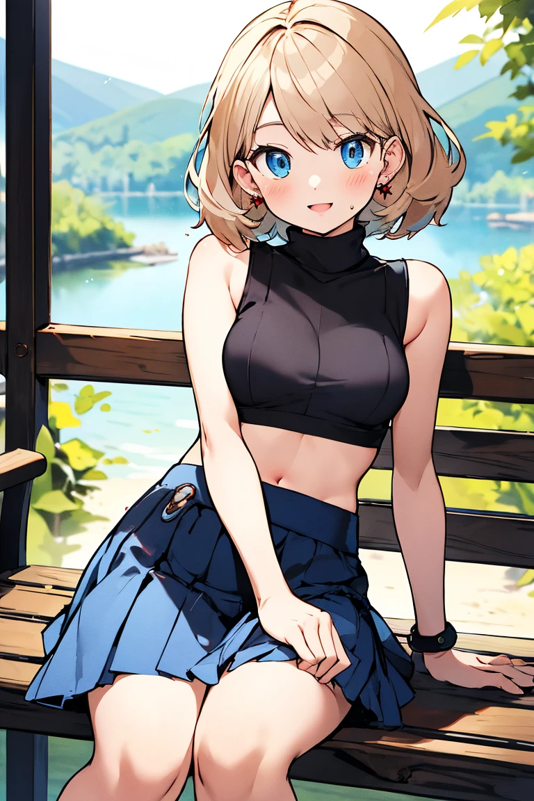 masterpiece, Highest quality, High resolution, Serena \(Pokemon\), short hair, blue earrings, blue eyes, One person, alone, bra, 白いbra, Blue Skirt, Checked skirt, Short skirt, bangs, Turtleneck sweater, Sitting,Curvy, smile, Happy, Medium chest, lake, bench, skinny, Place your hands on your thighs, Open your mouth, looking at the camera, jewelry, To the camera, Lean forward slightly,Browsing Caution,Take off,White underwear,完全にnaked,naked