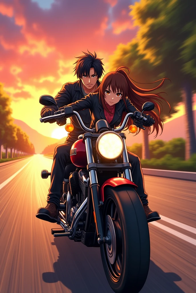 An anime man with black hair and dark maroon Eyes and he is sitting on the back seat of the bike an anime woman with long middle brunette hair and dark brown eyes and she is driving the bike and they are wearing biker Boyz outfit and the woman is sitting on the front