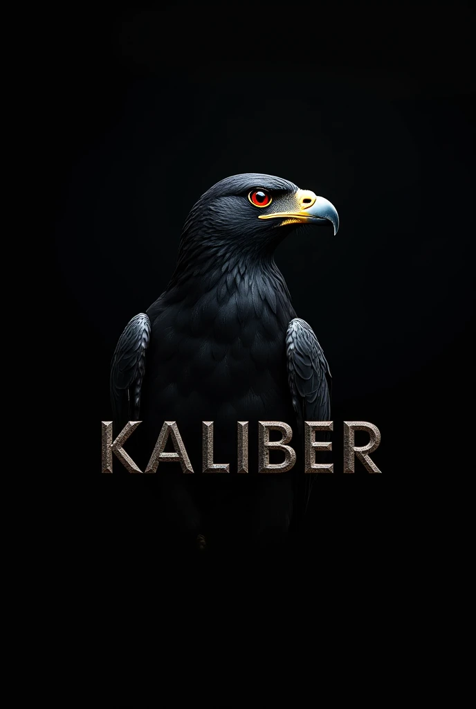 A red eyed black hawk with the word kaliber below it in big bold letters with a blacked out background