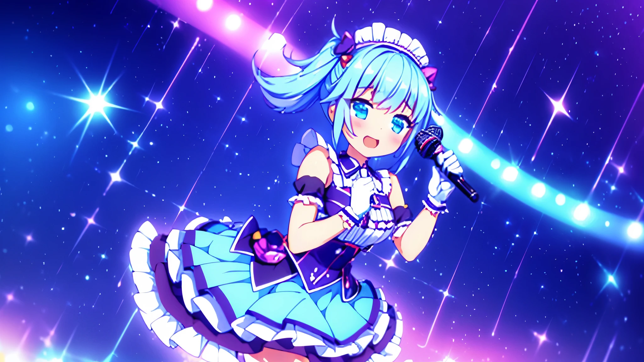 MLTD bg style, (best quality, 8K, masterpiece, HDR, ultra detailed:1.2), cinematic angle, (light particles, sparkle), lens flare, depth of field, bokeh,
1girl, white gloves, open mouth, microphone, short puffy sleeves, glowstick, smile, petals, maid headdress, frills, blush, solo, stage, white thighhighs, belt, hair bow, hair ribbon, medium breasts, idol, upper teeth only, looking away, aqua bow, frilled skirt, hair ornament, frilled dress, audience, solo focus, concert, zettai ryouiki, spotlight, stage lights, shiny hair, looking afar, buckle, belt buckle, elbow gloves, wing collar, jewelry, petticoat, navel,