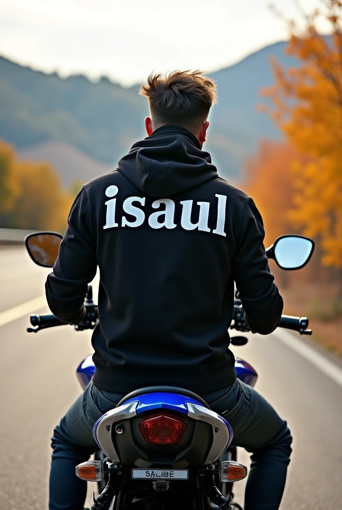 Someone sitting on a Yamaha MT 09 with a black helmet and on the back of his sweatshirt that says Isaul 