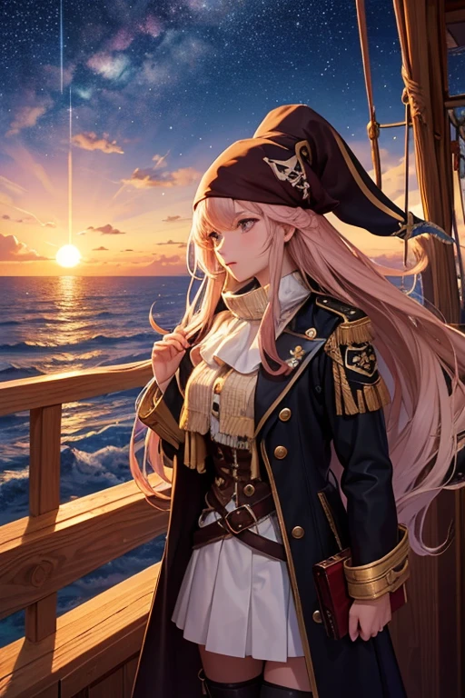  beautiful girls, , pirate overcoat,, long  hair , on a ship,   starry sky in the afternoon, ao por do sol