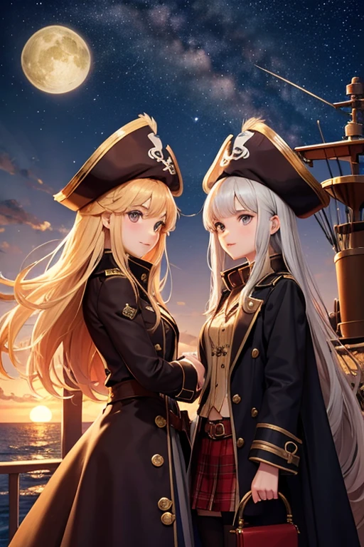 beautiful girls, , pirate overcoat,, long hair , on a ship, starry sky in the afternoon, ao por do sol