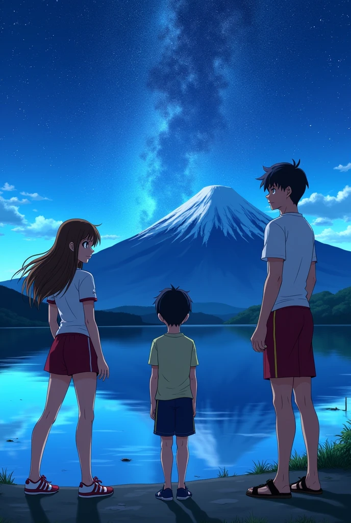 style: anime, people: 3 ,2 honbres, one all-rounder ,right wing sweeping away , a woman with brown hair , Brown eyes , on the left side karma Acadame Fund: a lake on a pier with a starry night with mount fugui