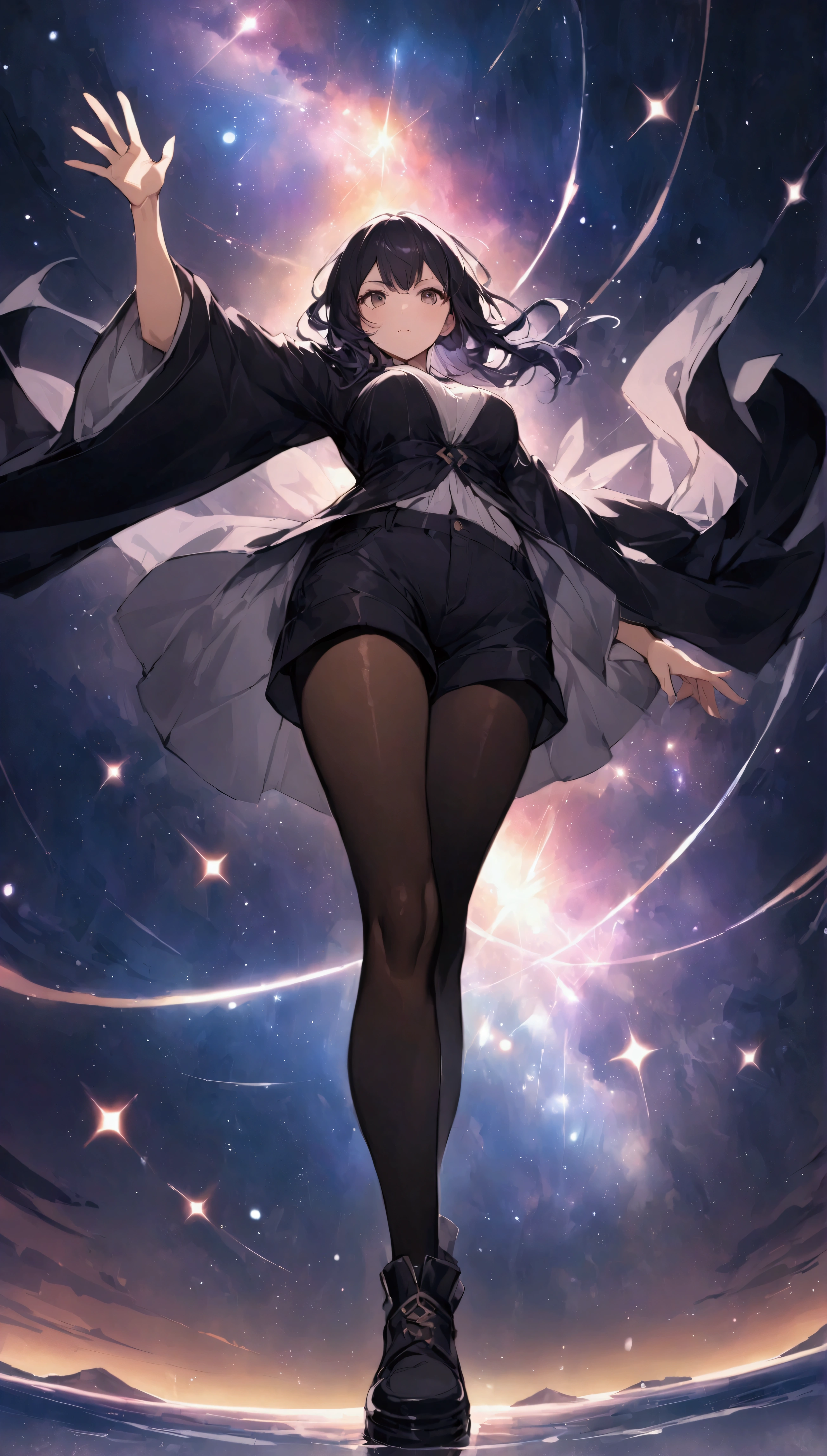 {{Magic attack stance}},Raise one arm,{{action}},from below,wide shot,{{masterpiece}}, {{{Highest quality}}},{{Very detailed}},full body, dutch angle,Dynamic composition, Female Wizard,Raise your one hand and cast the magic、mini skirt Black pantyhose Sea of stars Starry sky background,nebula,universe space,