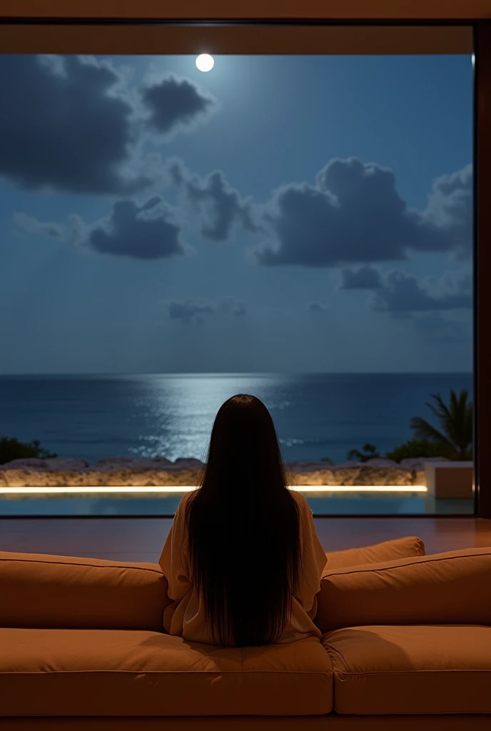 african girl, 19 ans, long black hair, sitting in a large luxury modern living room, tan furniture, dark lighting, night, panoramic view of Hawaii out of the window, wearing acne studio
