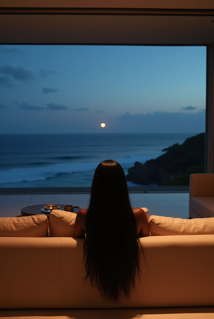 african girl, 19 ans, long black hair, sitting in a large luxury modern living room, tan furniture, dark lighting, night, panoramic view of Hawaii out of the window, wearing acne studio