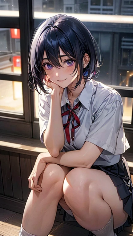 (masterpiece:1.2, Highest quality), (Realistic, photoRealistic:1.4), Beautiful illustrations, (Natural Side Lighting, Cinema Lighting), Browsing Caution,
View your viewers, Panty shot, Front view:0.6, 1 person, Japanese, high school girl, Perfect Face, Cute and symmetrical face, Glowing Skin,
(short hair:1.2, Shaggy Cut:1.2, Dark blue hair), Hair between the eyes, Purple eyes, Droopy eyes, Long eyelashes, (Large Breasts:0.6),
Beautiful Hair, Beautiful Face, Beautiful attention to detail, Beautiful clavicle, Beautiful body, Beautiful breasts, Beautiful thighs, Beautiful feet,
((Symmetrical clothing, White collared shirt, Light grey pleated skirt, Red neck ribbon)), Black socks,
(Beautiful views), morning, School rooftop, squat, (Cute smile, Upward glance),