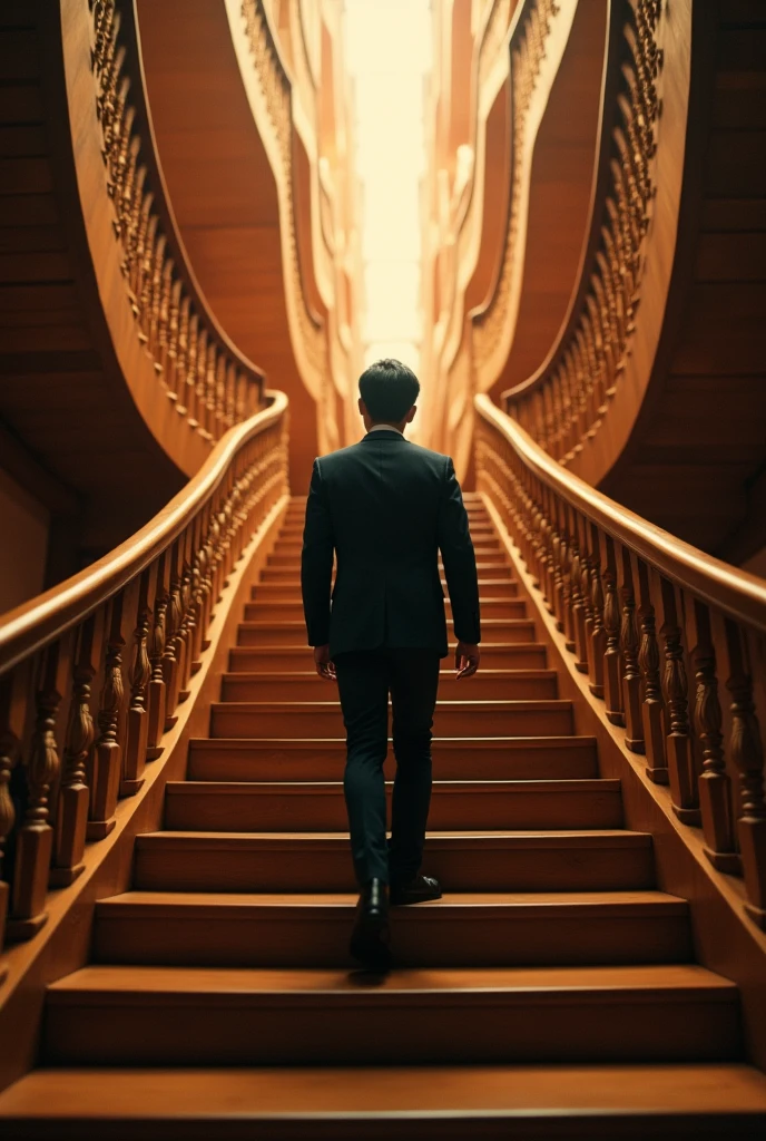 A Japanese man in his 30s in a suit climbing the stairs、There is light shining ahead、The staircase branches out, making it look like trick art.