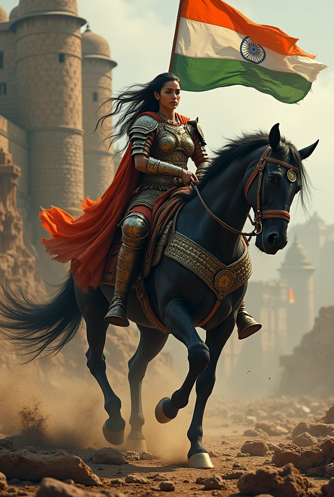 A female warrior riding large Black horse and kept her enemies captive in the palace , and she was kill , she hand a big katana and india flag , she's father backside in horse