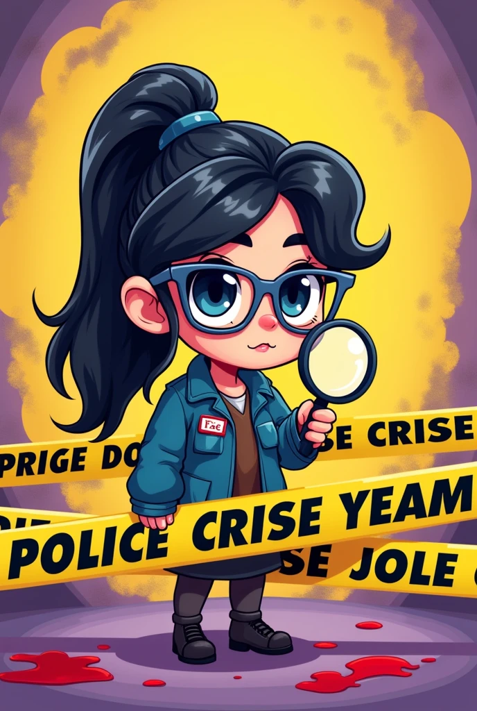 Women detective, has dark hair and long with pony, use grey glasses, cool skintone, yellow and purple background colour, police tape, has magnifying glass and blood and Fae nametag. Cartoon and cute theme