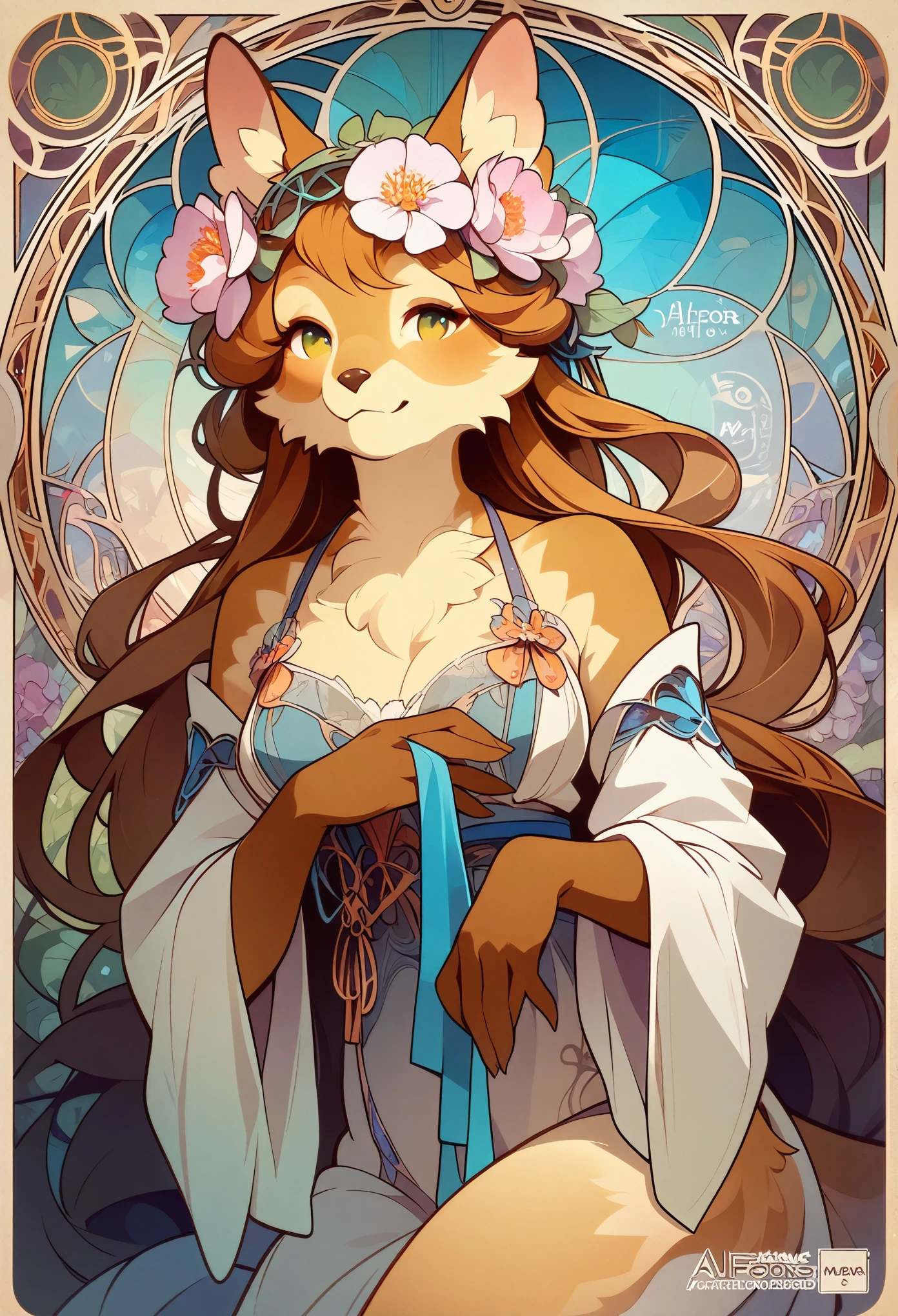 top quality, best quality, logo mark, stamp, Geometric pattern, vector-art, High-quality illustrations by Alfons Mucha, masterpiece(kemono, furry anthro)flower,