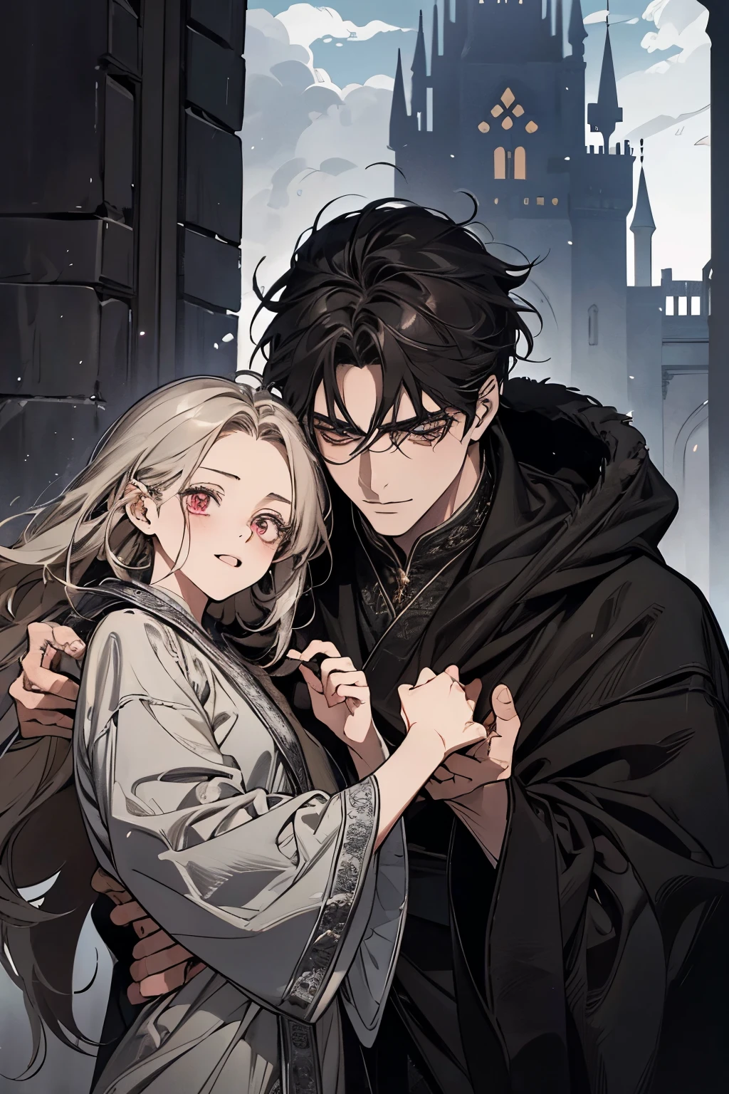 High quality masterpiece, super detailed, super emotion detailed, castle with grass, cold colours dramatic lighting, movie scene, anime style, perfect face, clean eyes, Middle Ages, clean emotions, full body! A cold mean man with black short curly hair, in expensive black Loose robe, with gray shining eyes, he is dark lord, he is cool. He is looking with warm smile to his adult daughter who also has black hair. super quality, 4K, clean eyes, super quality ever! detailed emotions! dark fantasy!, middle ages! They look happy, clear eyes, he is with his adult daughter!!!!!