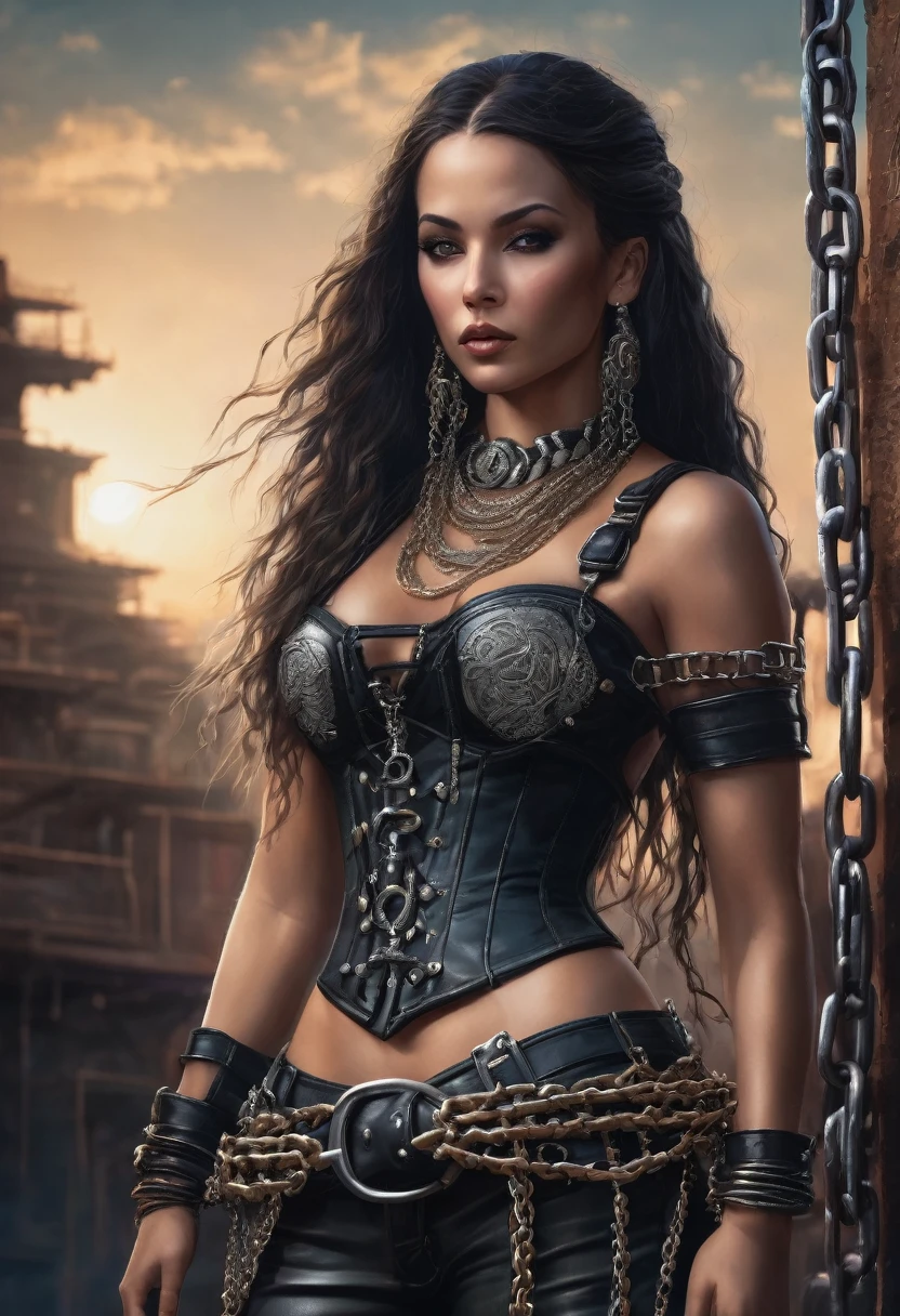 A gorgeous woman wearing a chain corset and a ((chainpunk)) aesthetic. She has long hair made entirely of chains, with belts and straps accentuating her figure. The overall theme of the image is centered around chains, symbolizing strength and sensuality. The image should be high quality, with ultra-detailed features and a realistic, photorealistic style. The color palette should be vibrant, with a focus on metallic tones and dark hues. The lighting should create a dramatic effect, emphasizing the contours of the woman's body and the intricate details of the chains.
