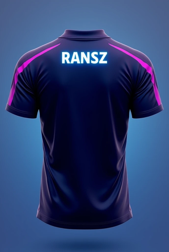 Mobile Legends Esports Team Jersey Back, Primary Colors: The back of the jersey will use a dominant navy blue base color..Color Accent: Around the shoulders and neck area, There will be purple and blue accent lines that blend together smoothly., giving a dynamic impression. This purple color will complete a cool and attractive look..Nama Pemain "RANSZ": The player's name will be placed in the center of the back in white or light blue., which contrasts with the navy background. The font used will be modern and slightly bold., make the player's name visible and prominent.More Details: The back of the jersey remains simple, tanpa banyak elemen tambahan. The focus is on the player's name "RANSZ", with color accents that emphasize the team's identity.