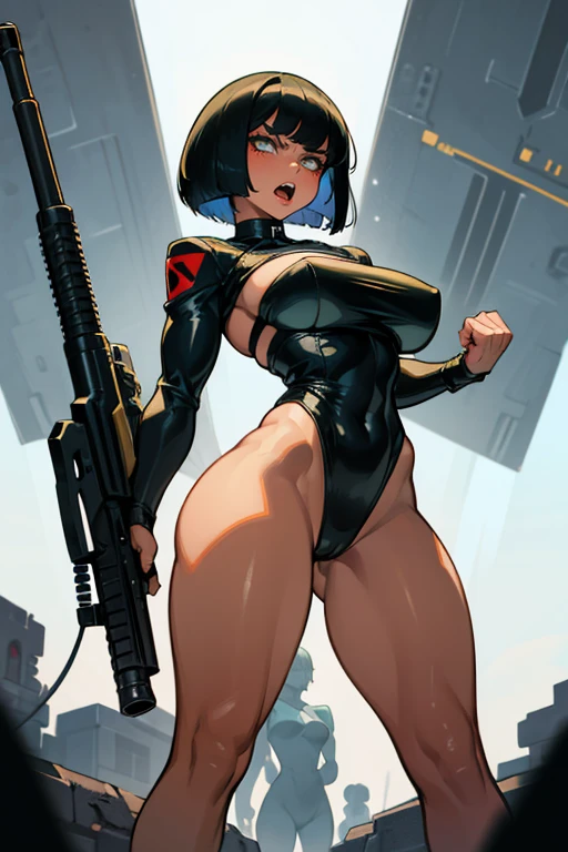 Cuberpunk, thick hips, thick thighs, platform heels, bandeau top, high cut leotard, huge , thin waist, bob cut hair, weapon, tanned skin, gun, angry look, soldier girl, scream, muscle, thick,