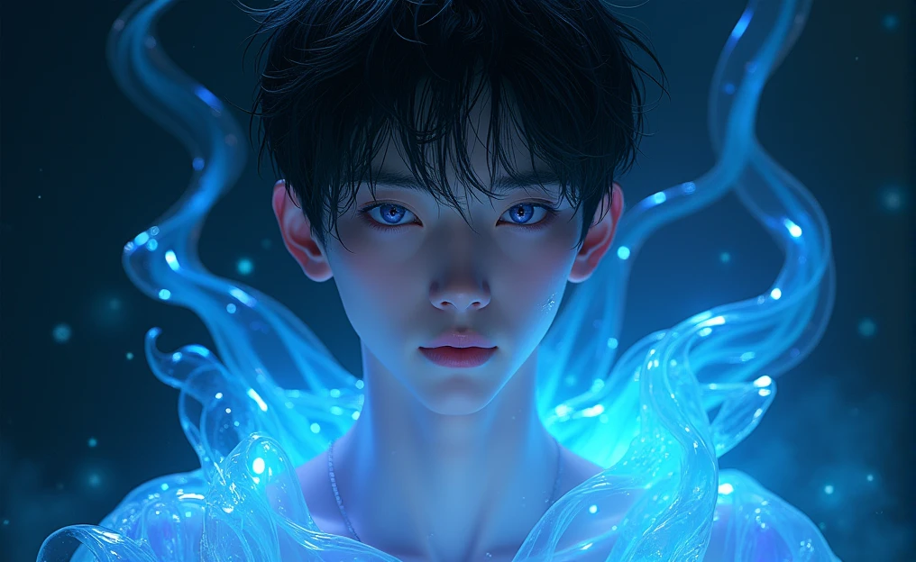 The photo shows a young man,, Hermaphroditic features. The pale, smooth-skinned man looked at us, His clothes looked like they were made of crystal blue and silver,Showing off his torso, Delicate and powerful, With a peaceful and dreamy expression. His eyes are deep, bright blue and purple, A thoughtful look on his face. Young people have short hair, flow, Deep Black,Looks like it's made of liquid light. It's soaking wet,Falling down in clumps,Blend in with the background,There are three dragons behind, 给人一种运动和flow的感觉. There is an ethereal light effect around the boy. Blue and white light flashing on the image, It's as if this person is surrounded by some magical energy.. The reflection of light on the skin and hair intensifies this feeling:The boy is made of liquid or crystalline material. The background is very dark, Lighting effects are more prominent. The play of light and shadow adds depth and mystery to the scene.. The style is very detailed and realistic, Wonderful touch. The use of cool colors and lighting effects creates a dreamy and otherworldly atmosphere.