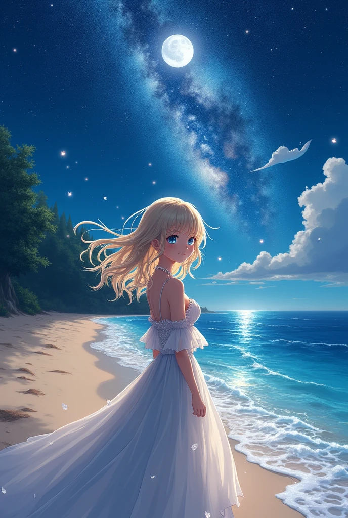 (masterpiece、Highest quality、8k、High resolution)、(The best beautiful girl)、Best Style、(The most beautiful face)、Clear skin、Clean blue eyes、Beautiful lips、smile、Beautiful white upper teeth、Beautiful nose、Blonde Hair、Ample breasts、Walking on the sand、look back、Ocean、You can see the forest、A bright night with stars visible、Beautiful starry sky、full moon、milky way、(体whole bodyから神秘的な光の粒子、Colorful Light)、(jewelry、necklace)、dress、(whole body)、Highly detailed anime art、A complete portrayal、Detailed CG、