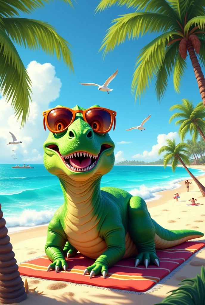 Dinosaur with sunglasses relaxing on the beach
